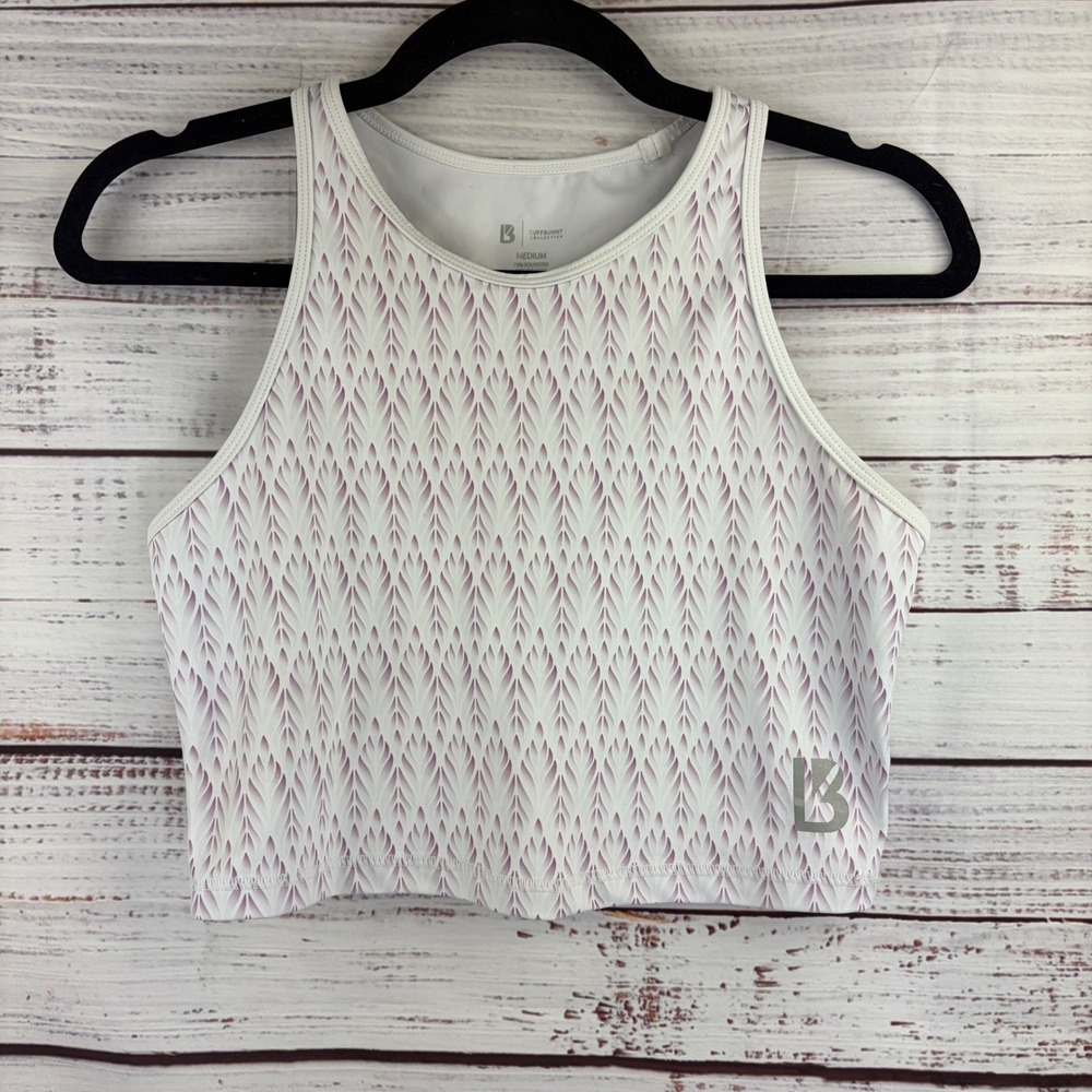 Buffbunny Collection Womens Medium "Aurora" White Purple Geometric Crop Tank Top